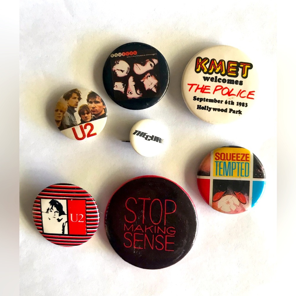 Vintage Collectible 1980’s Pin-back Buttons U2, The Cure. Lot of 7